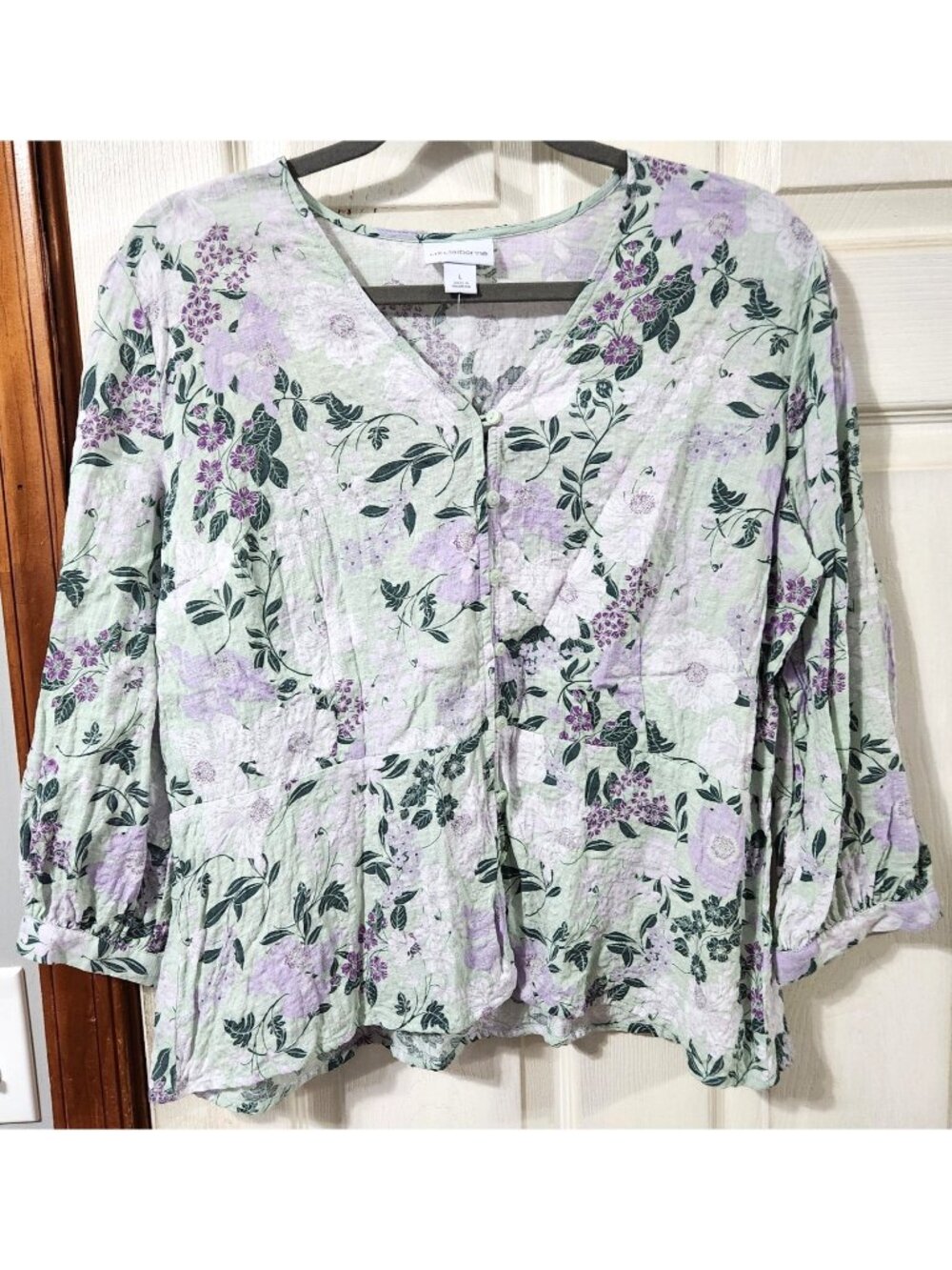 Liz Claiborne Floral Print 3/4 Sleeve Blouse Women's Green Purple Lightweight Lg